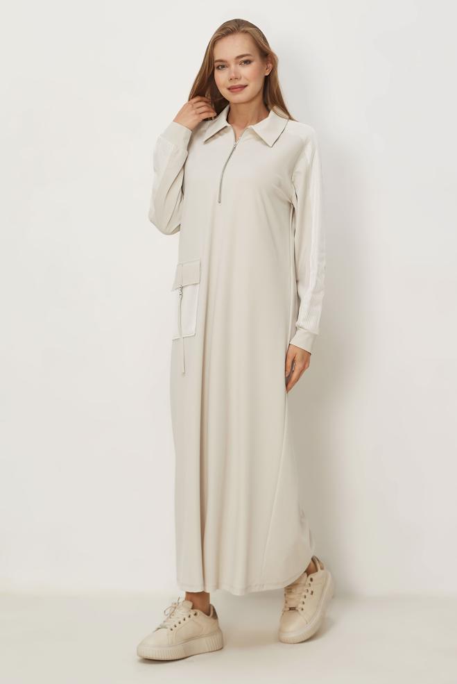 Vêtements hijab BEIGE ROBE DE SURVÊTEMENT À COL CHEMISE 46339 - ALVİNA