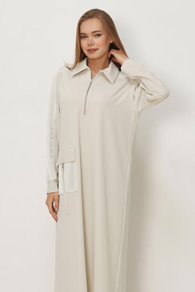 Vêtements hijab BEIGE ROBE DE SURVÊTEMENT À COL CHEMISE 46339 - ALVİNA