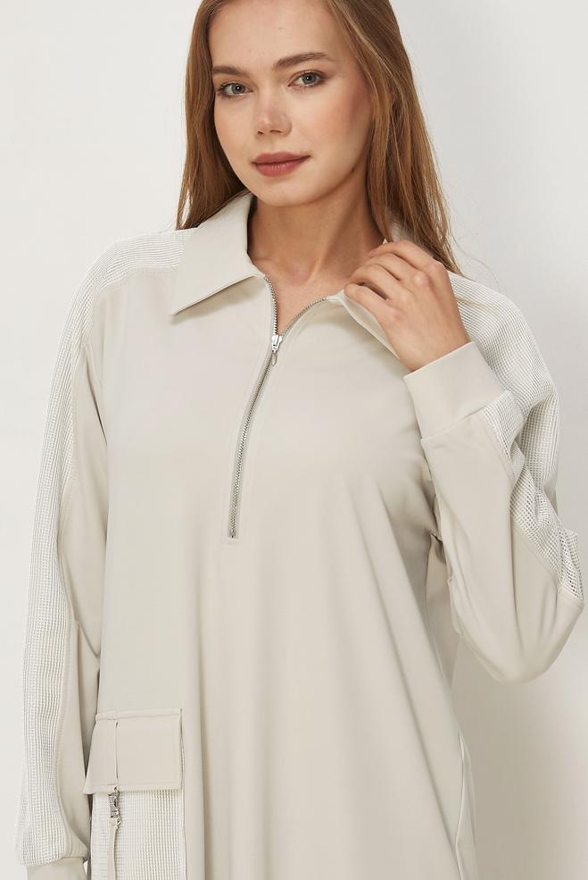 Vêtements hijab BEIGE ROBE DE SURVÊTEMENT À COL CHEMISE 46339 - ALVİNA