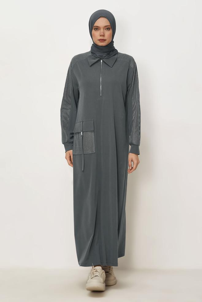 Vêtements hijab BEIGE ROBE DE SURVÊTEMENT À COL CHEMISE 46339 - ALVİNA