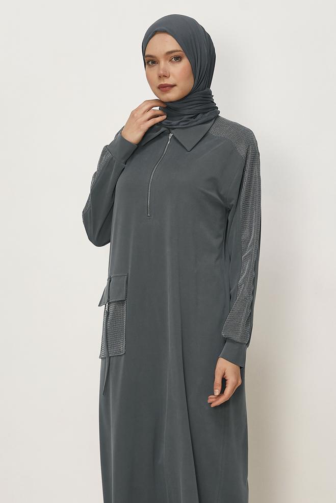 Vêtements hijab BEIGE ROBE DE SURVÊTEMENT À COL CHEMISE 46339 - ALVİNA