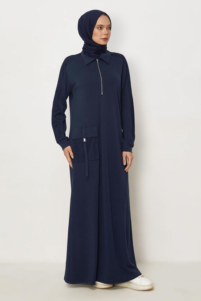 Vêtements hijab BLEU MARINE ROBE DE SURVÊTEMENT À COL CHEMISE 46339 - ALVİNA