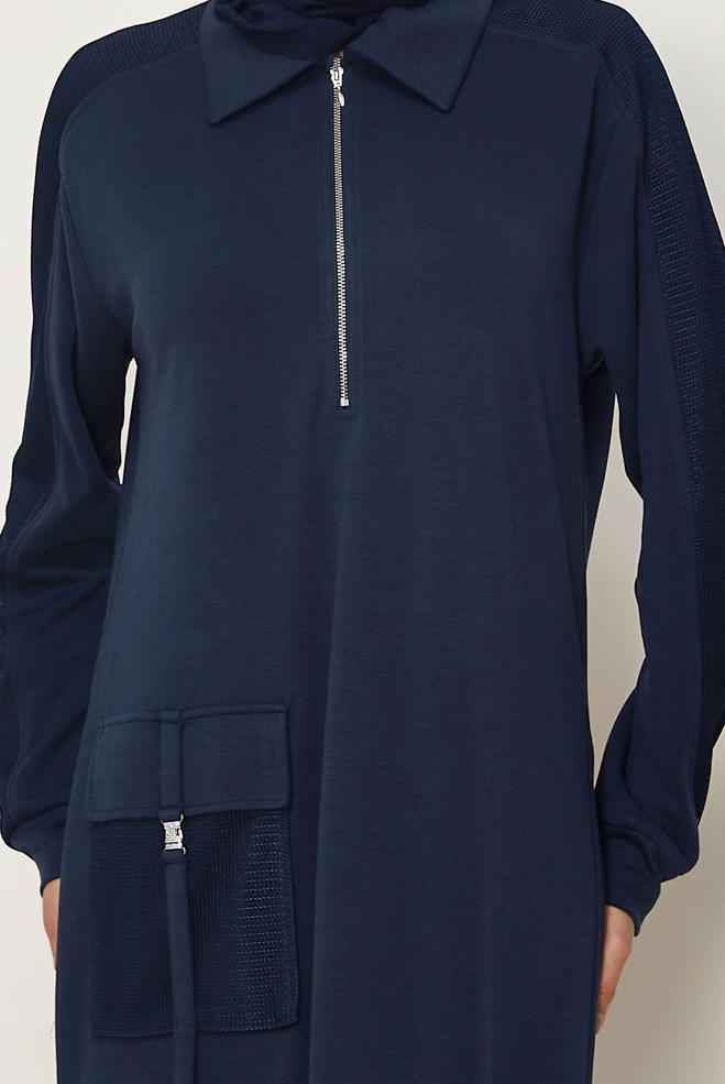 Vêtements hijab BLEU MARINE ROBE DE SURVÊTEMENT À COL CHEMISE 46339 - ALVİNA