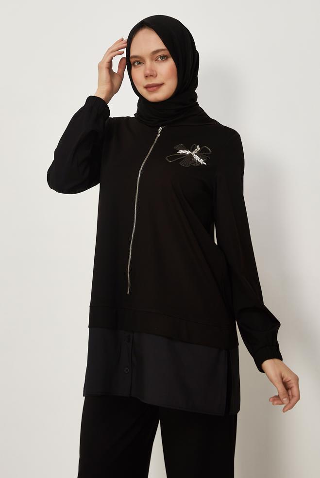 Tesettür giyim SİYAH GÖMLEK GARNİLİ EŞOFMAN TAKIMI 46340 - ALVİNA