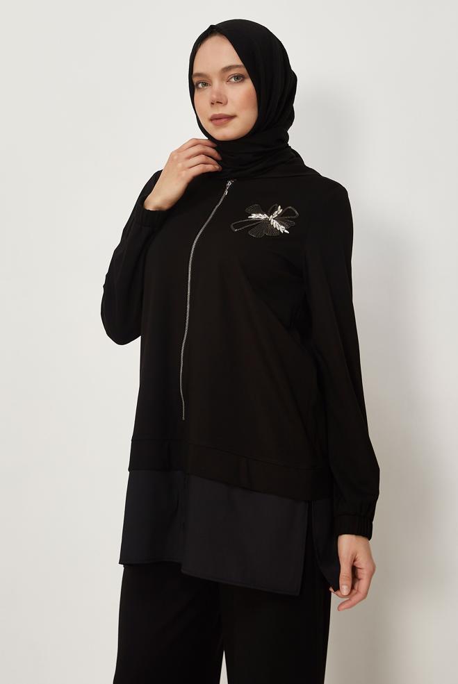 Tesettür giyim SİYAH GÖMLEK GARNİLİ EŞOFMAN TAKIMI 46340 - ALVİNA