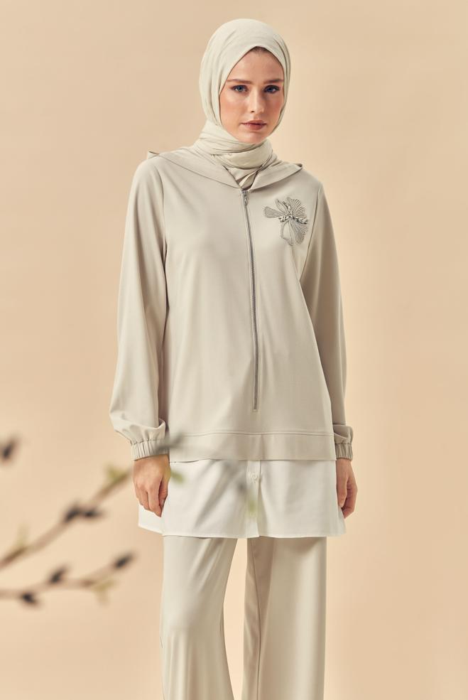 Hijab-Kleidung BEIGE KAPUZEN-TRAININGSANZUG-SET 46340 - ALVİNA