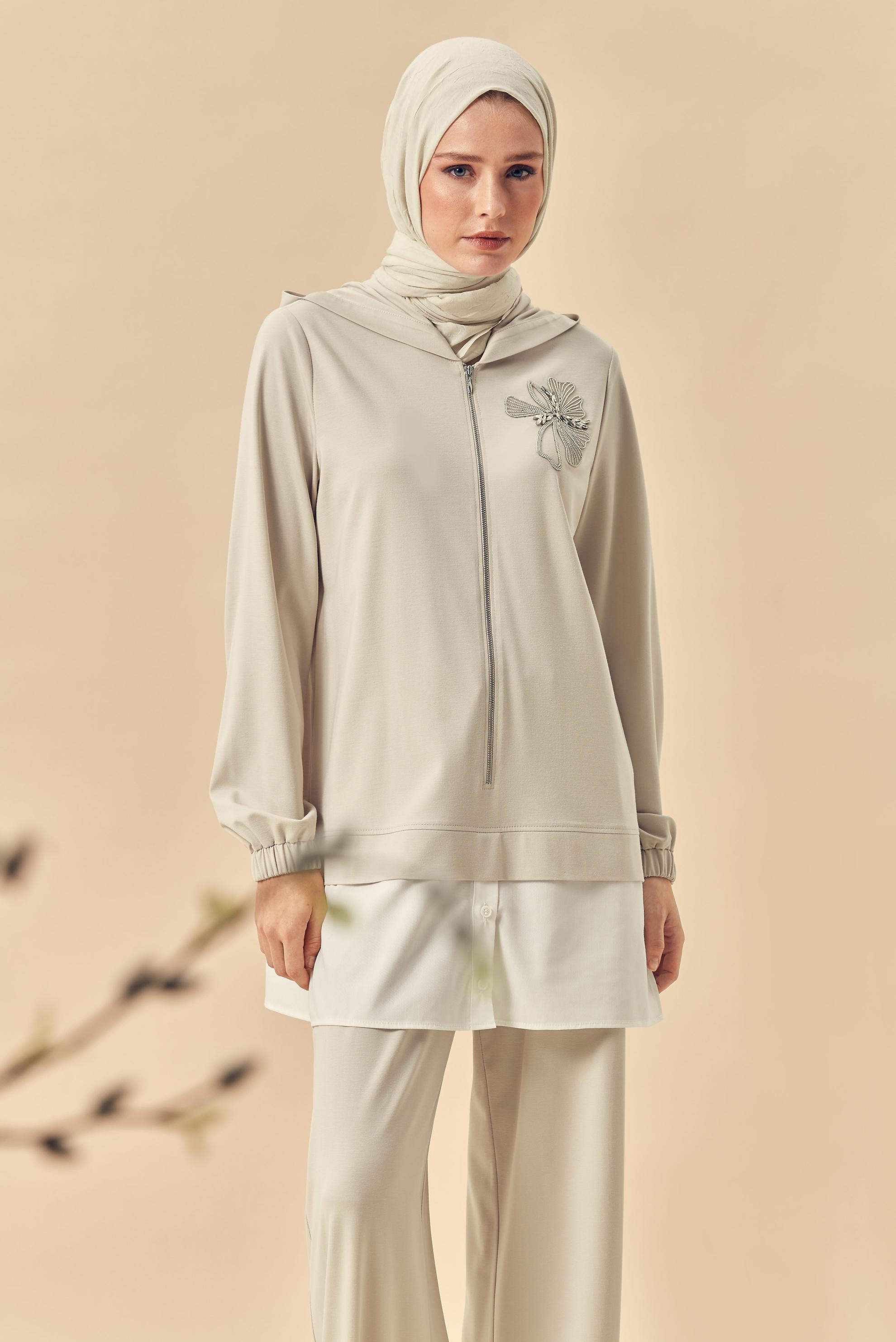 Hijab-Kleidung BEIGE KAPUZEN-TRAININGSANZUG-SET 46340