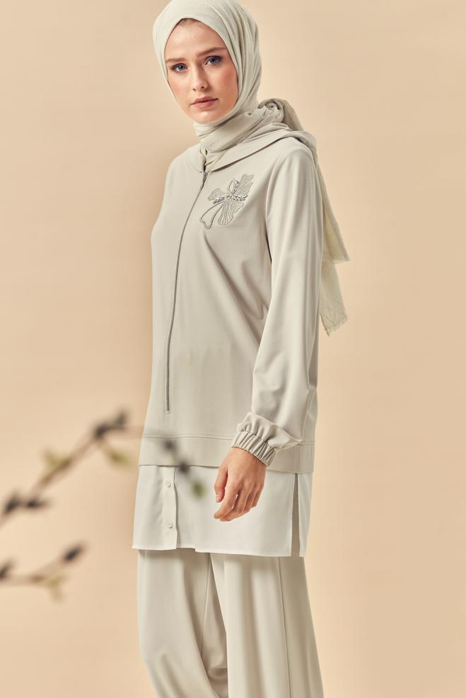 Hijab-Kleidung BEIGE KAPUZEN-TRAININGSANZUG-SET 46340 - ALVİNA