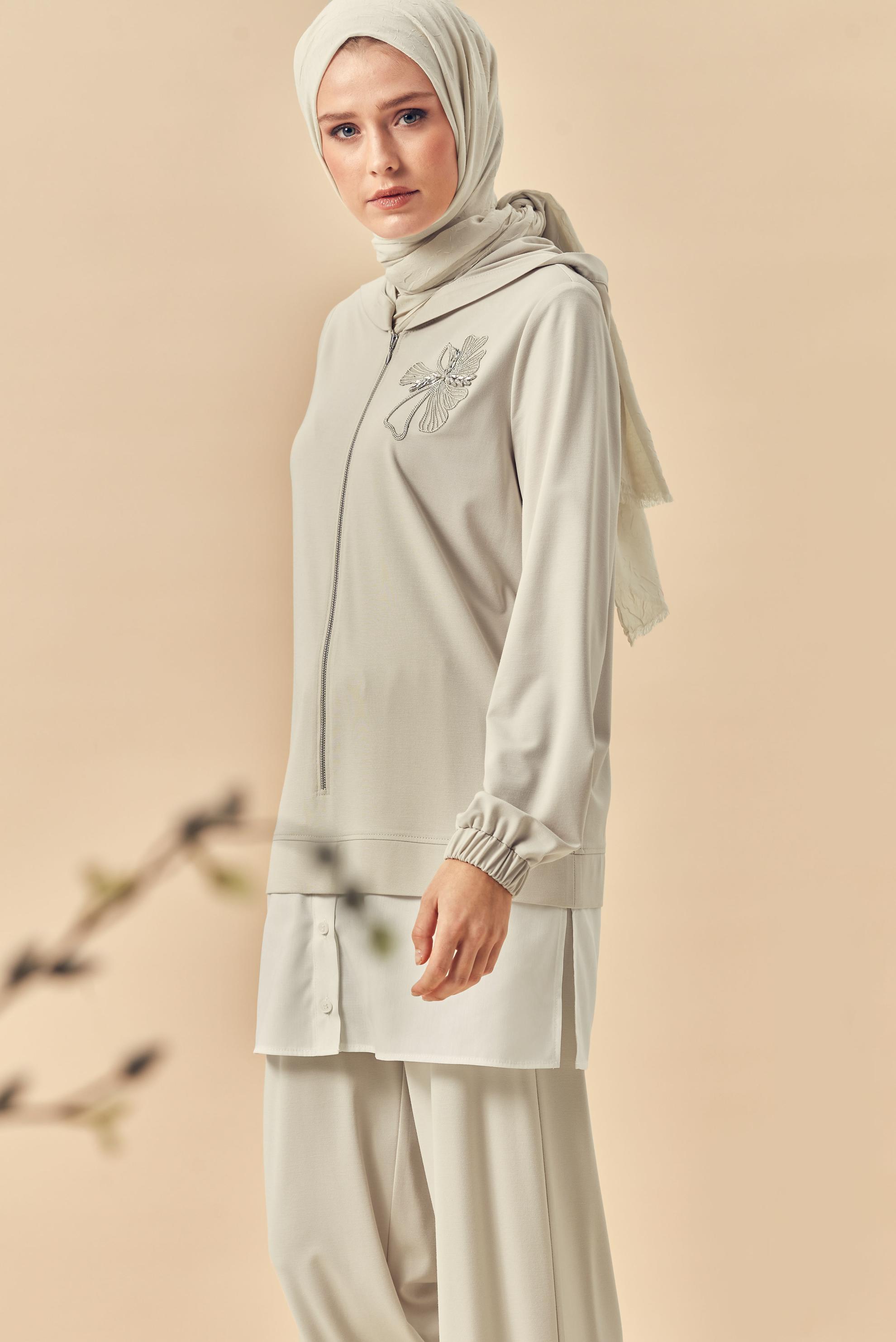 Hijab-Kleidung BEIGE KAPUZEN-TRAININGSANZUG-SET 46340