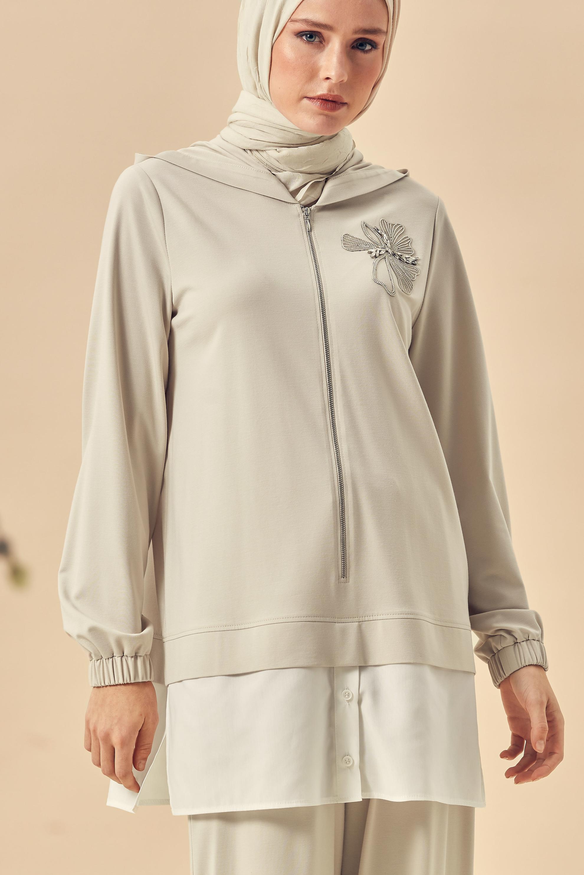 Hijab-Kleidung BEIGE KAPUZEN-TRAININGSANZUG-SET 46340