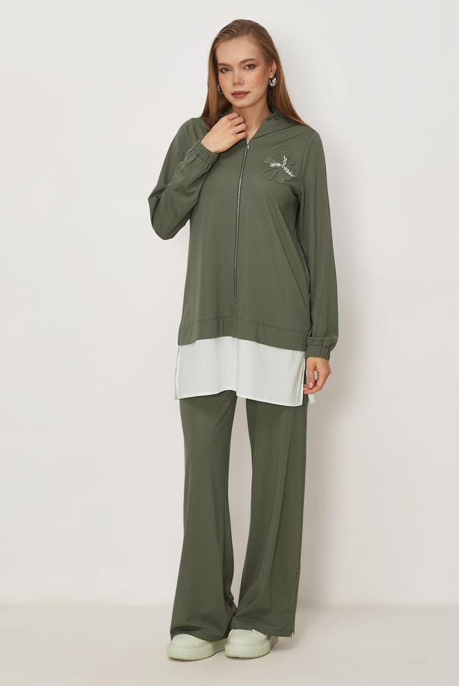 Tesettür giyim HAKİ GÖMLEK GARNİLİ EŞOFMAN TAKIMI 46340 - ALVİNA