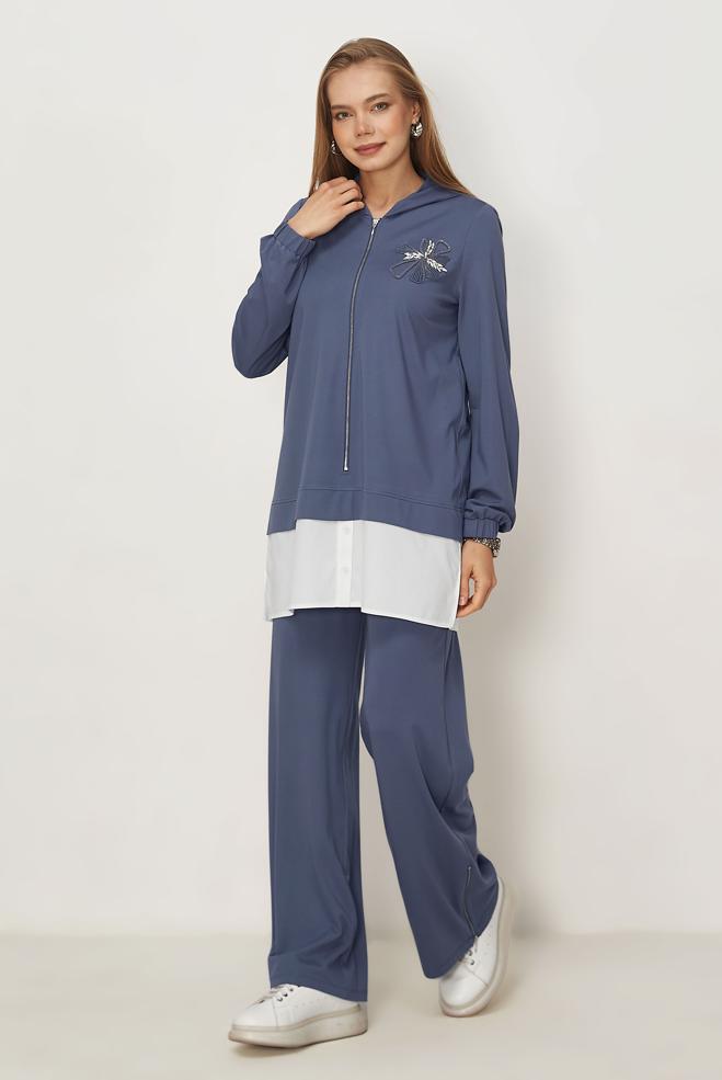 Tesettür giyim LACİVERT GÖMLEK GARNİLİ EŞOFMAN TAKIMI 46340 - ALVİNA