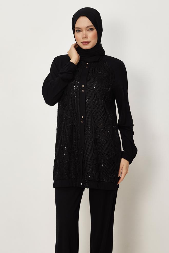 Hijab-Kleidung SCHWARZ TRAININGSANZUG MIT PAILLETTEN DETAILS 46341 - ALVİNA
