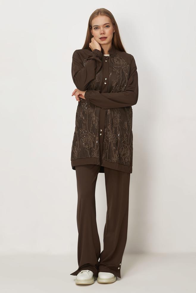Hijab-Kleidung BRAUN TRAININGSANZUG MIT PAILLETTEN DETAILS 46341 - ALVİNA