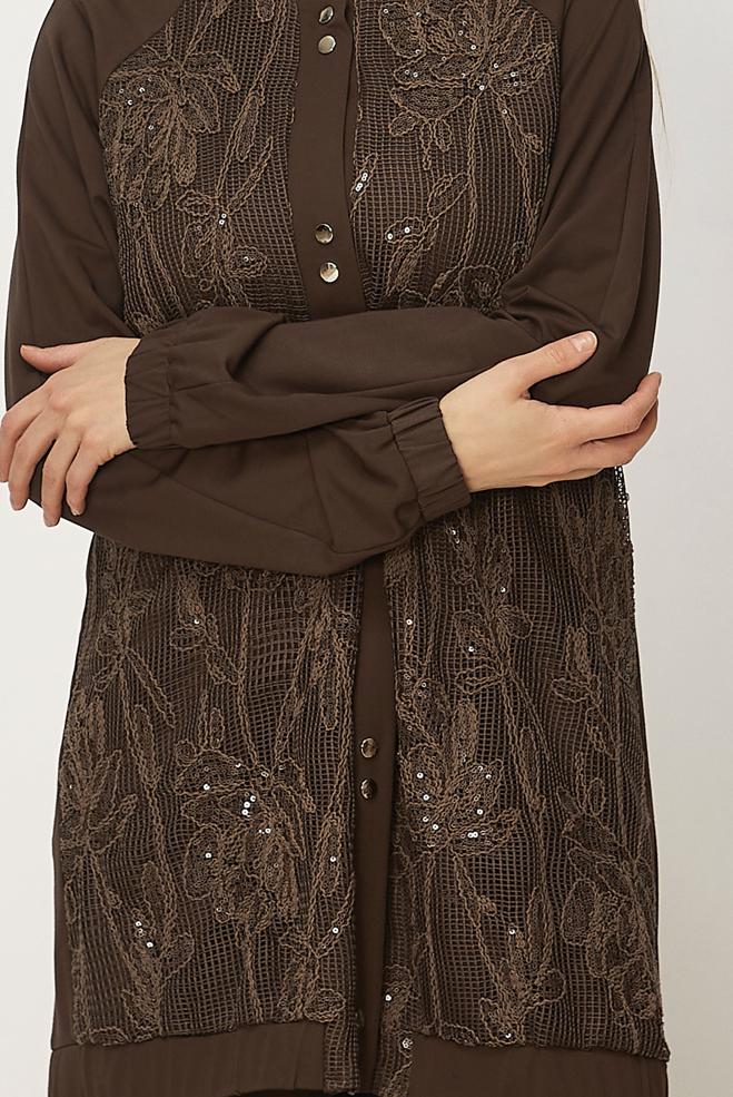 Hijab-Kleidung BRAUN TRAININGSANZUG MIT PAILLETTEN DETAILS 46341 - ALVİNA