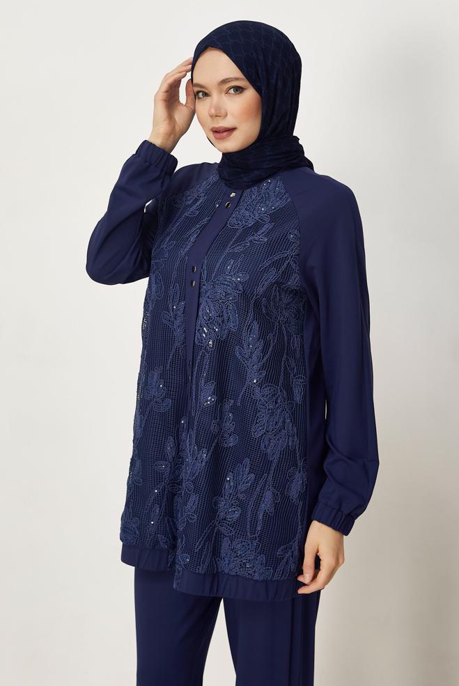 Hijab-Kleidung NAVY BLAU TRAININGSANZUG MIT PAILLETTEN DETAILS 46341 - ALVİNA