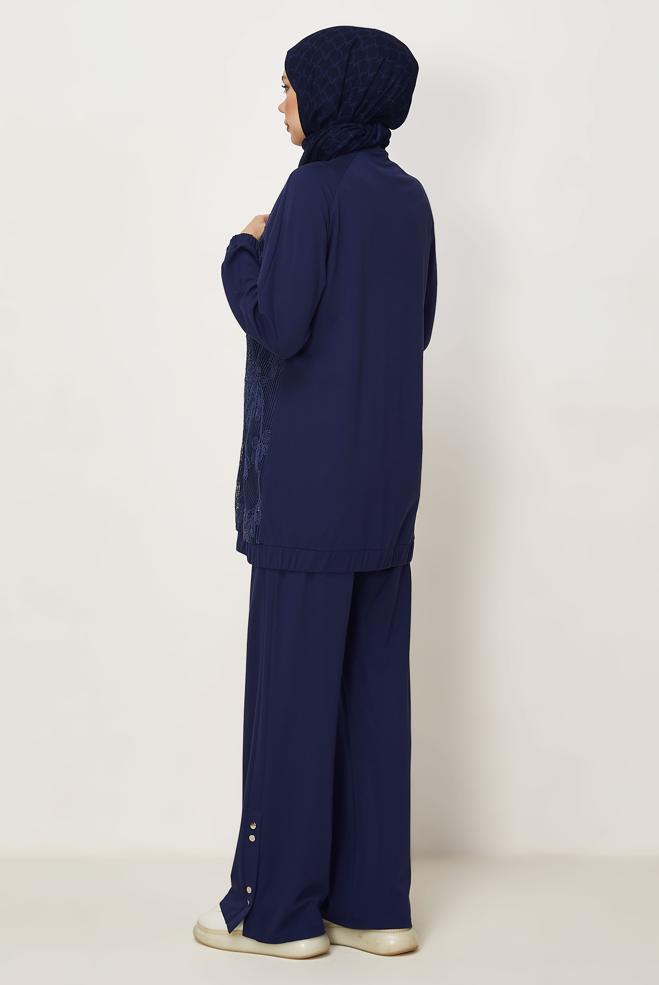 Hijab-Kleidung NAVY BLAU TRAININGSANZUG MIT PAILLETTEN DETAILS 46341 - ALVİNA