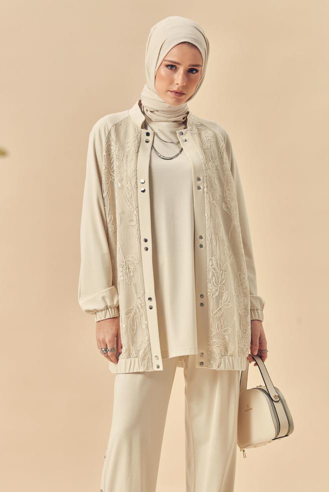 Hijab-Kleidung ECRU TRAININGSANZUG MIT PAILLETTEN DETAILS 46341 - ALVİNA