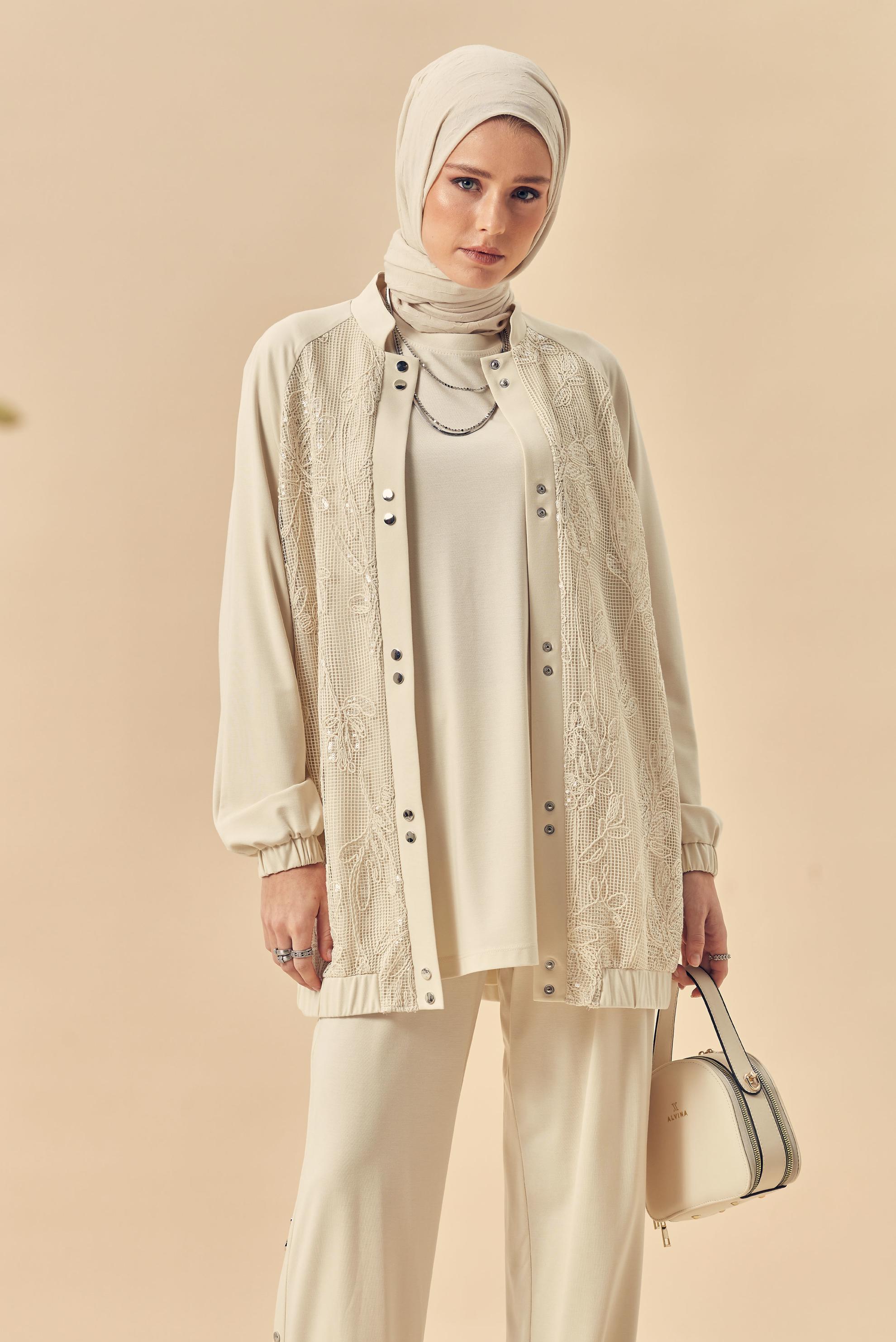 Hijab-Kleidung ECRU TRAININGSANZUG MIT PAILLETTEN DETAILS 46341