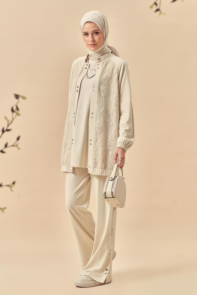 Hijab-Kleidung ECRU TRAININGSANZUG MIT PAILLETTEN DETAILS 46341 - ALVİNA