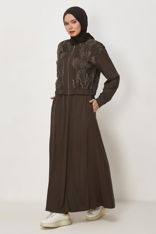 Hijab-Kleidung BRAUN TRAININGSANZUG-SET MIT ROCK 46342 - ALVİNA