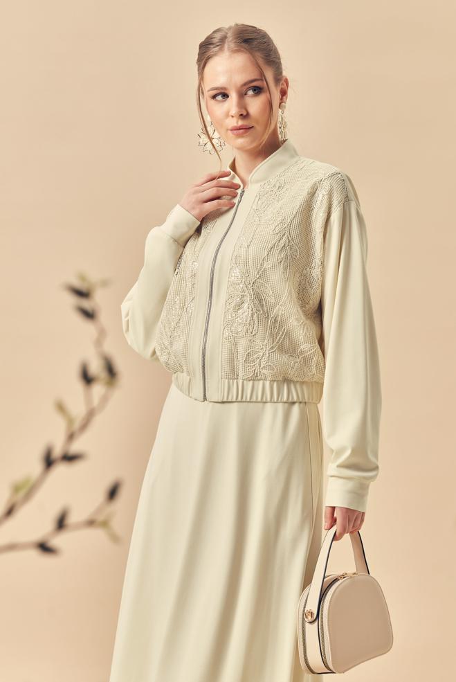 Hijab-Kleidung ECRU TRAININGSANZUG-SET MIT ROCK 46342 - ALVİNA