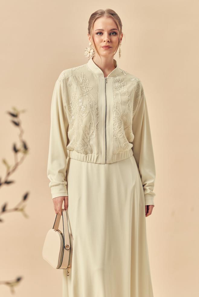 Hijab-Kleidung ECRU TRAININGSANZUG-SET MIT ROCK 46342 - ALVİNA