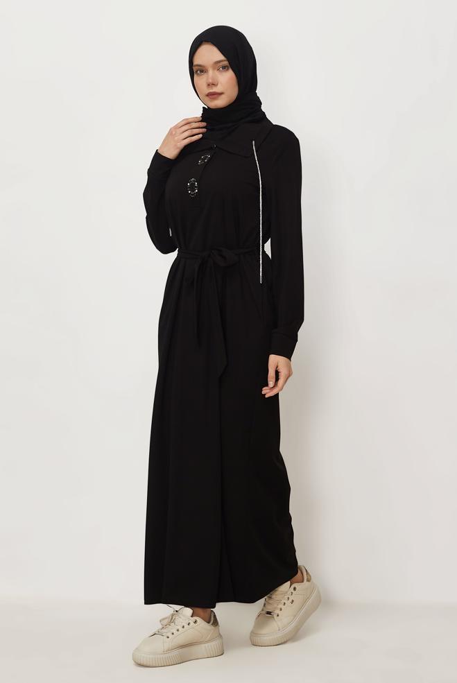 Vêtements hijab NOIR ROBE DE SURVÊTEMENT CEINTURÉE 46343 - ALVİNA