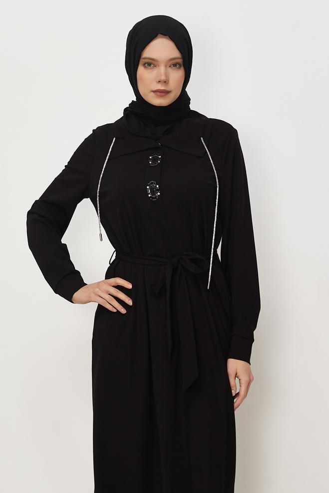 Vêtements hijab NOIR ROBE DE SURVÊTEMENT CEINTURÉE 46343 - ALVİNA