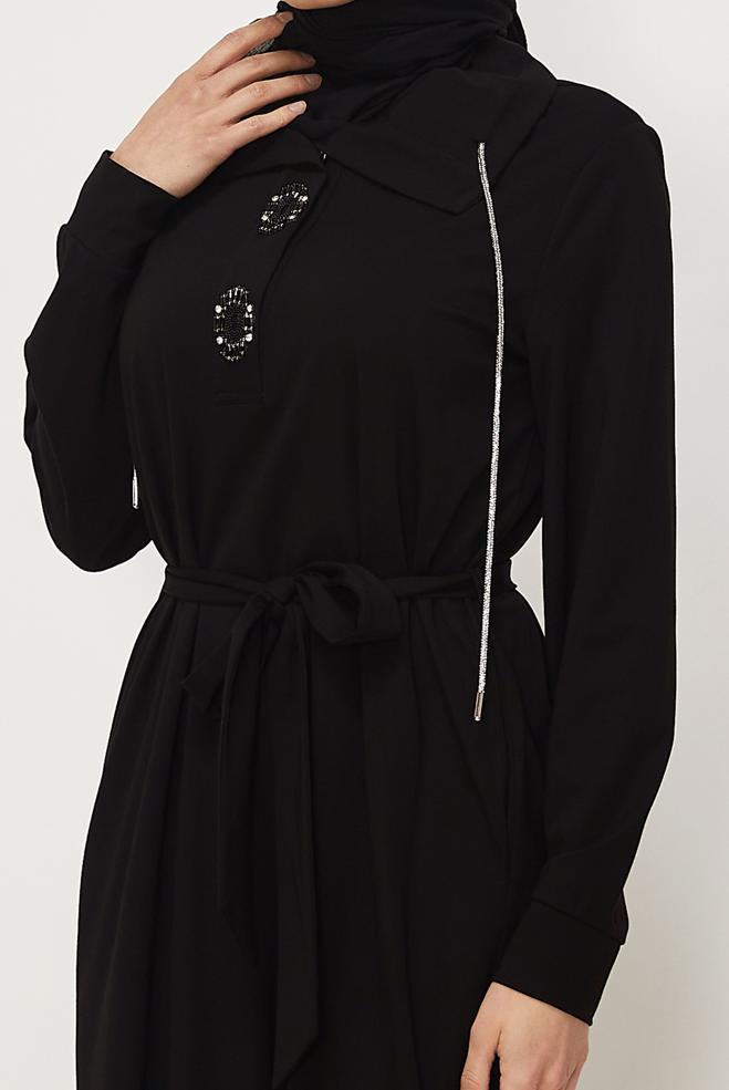 Vêtements hijab NOIR ROBE DE SURVÊTEMENT CEINTURÉE 46343 - ALVİNA