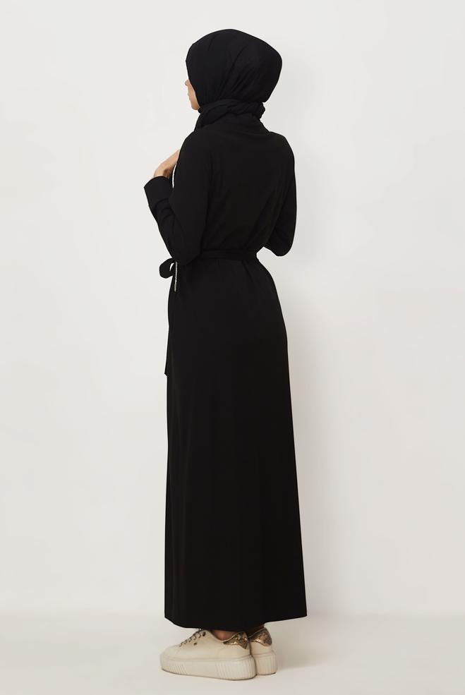 Vêtements hijab NOIR ROBE DE SURVÊTEMENT CEINTURÉE 46343 - ALVİNA