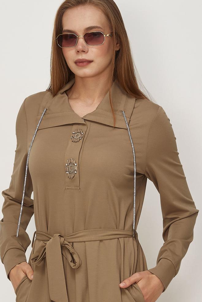 Vêtements hijab BEIGE ROBE DE SURVÊTEMENT CEINTURÉE 46343 - ALVİNA