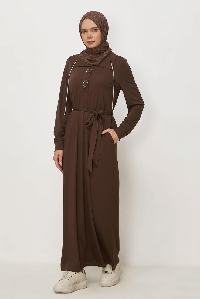 Vêtements hijab BRUN ROBE DE SURVÊTEMENT CEINTURÉE 46343 - ALVİNA