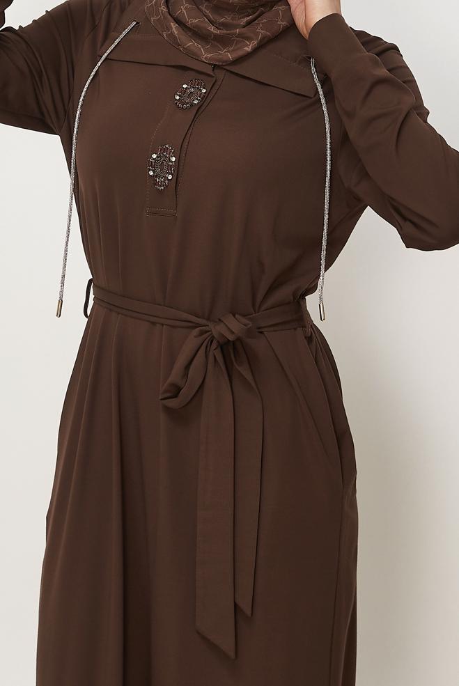 Vêtements hijab BRUN ROBE DE SURVÊTEMENT CEINTURÉE 46343 - ALVİNA