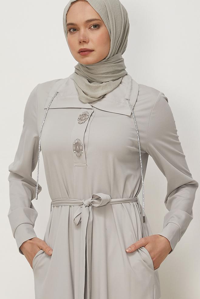 Vêtements hijab BEIGE ROBE DE SURVÊTEMENT CEINTURÉE 46343 - ALVİNA