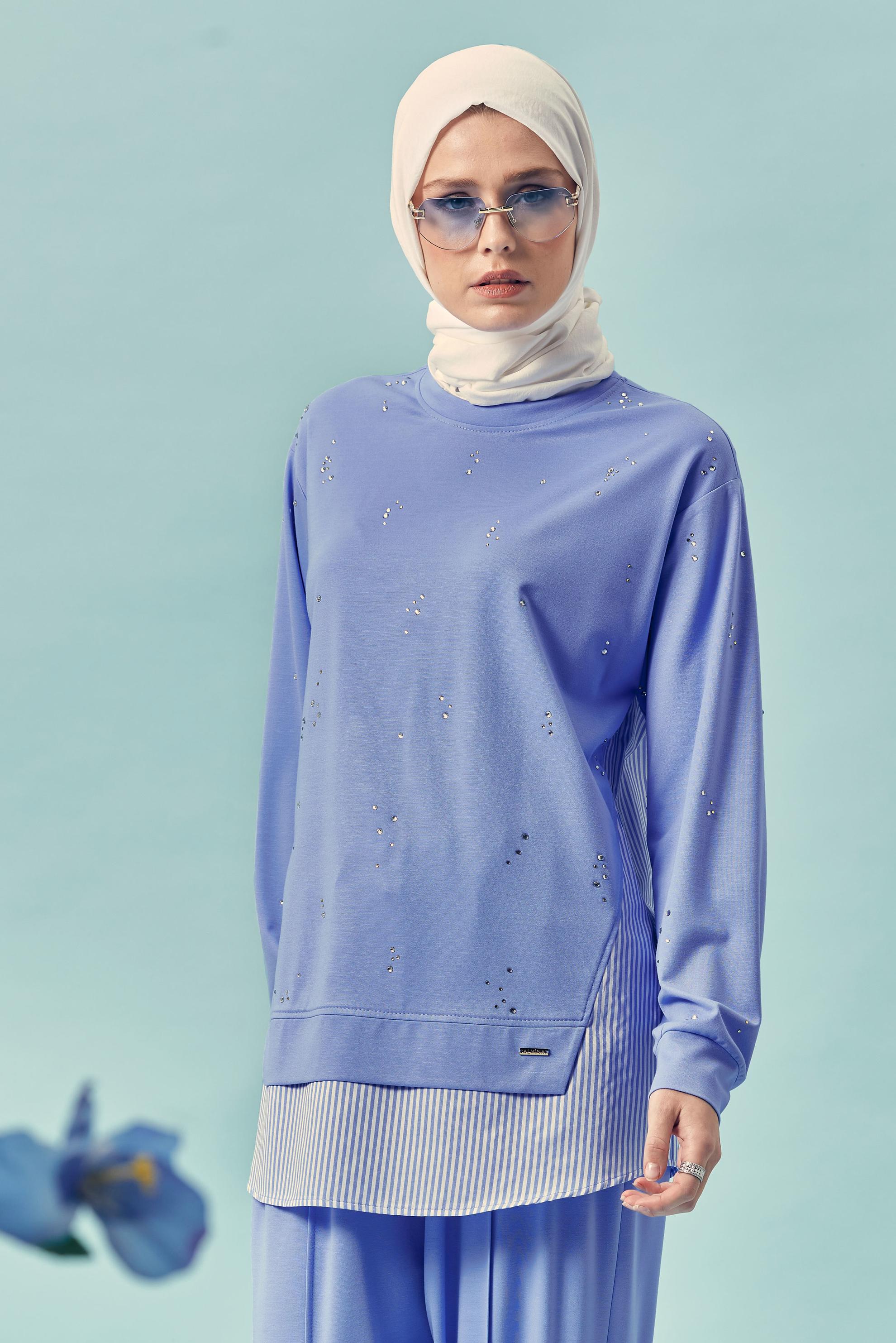 Tesettür giyim MAVİ TAŞ BASKILI EŞOFMAN TAKIMI 46387