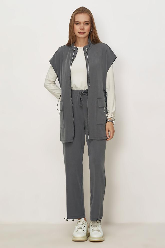 Tesettür giyim BEJ YELEKLİ EŞOFMAN TAKIMI 46388 - ALVİNA