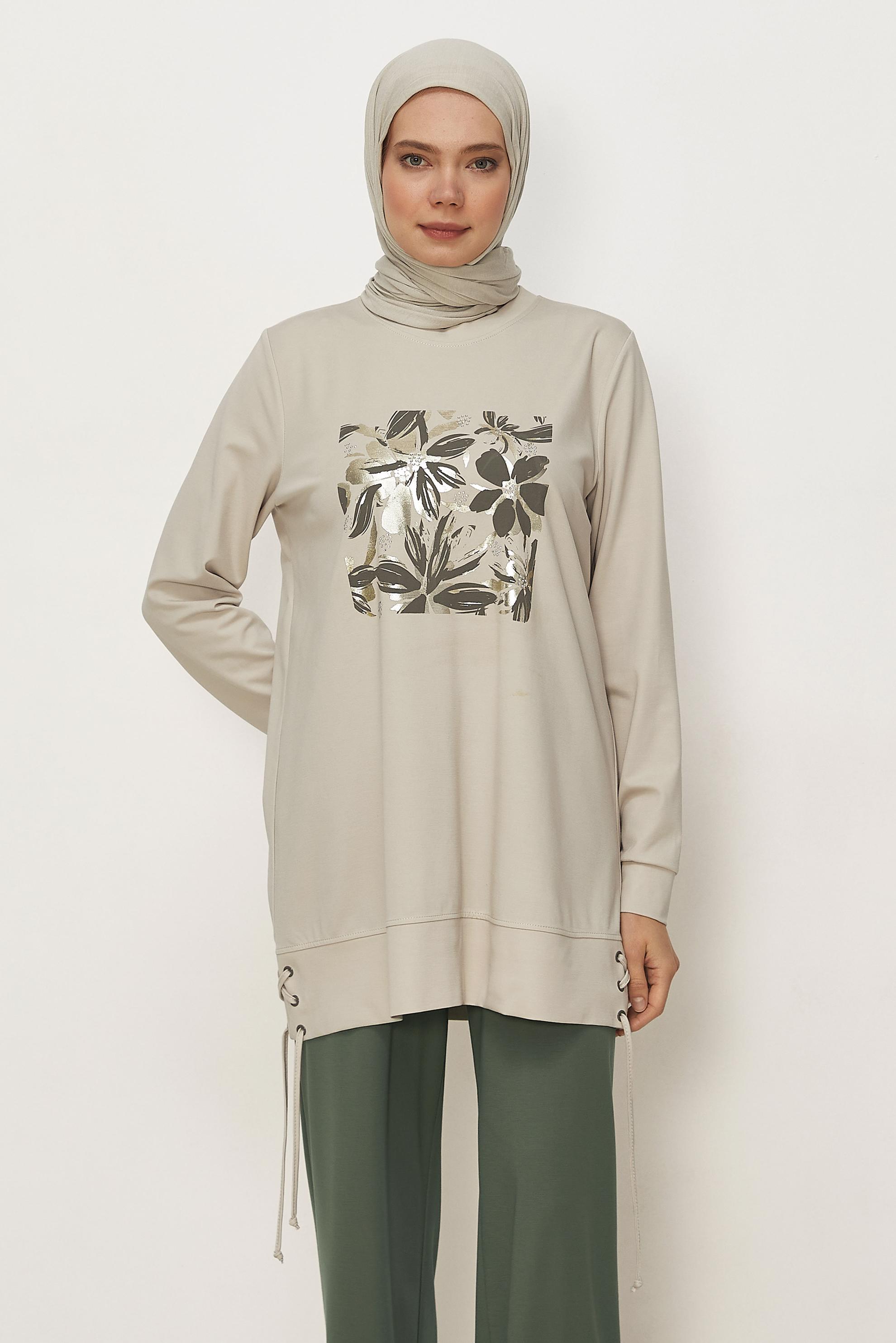 Tesettür giyim HAKİ ÇİÇEK DETAYLI EŞOFMAN TAKIMI 46389