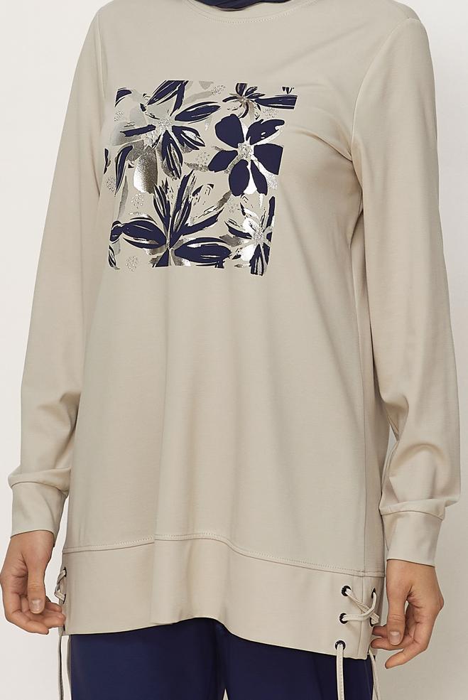 Tesettür giyim BEJ ÇİÇEK DETAYLI EŞOFMAN TAKIMI 46389 - ALVİNA