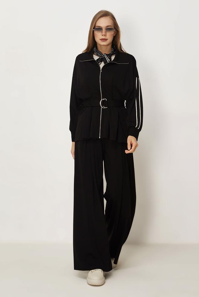 Hijab-Kleidung SCHWARZ TRAININGSANZUG MIT GÜRTEL 46390 - ALVİNA