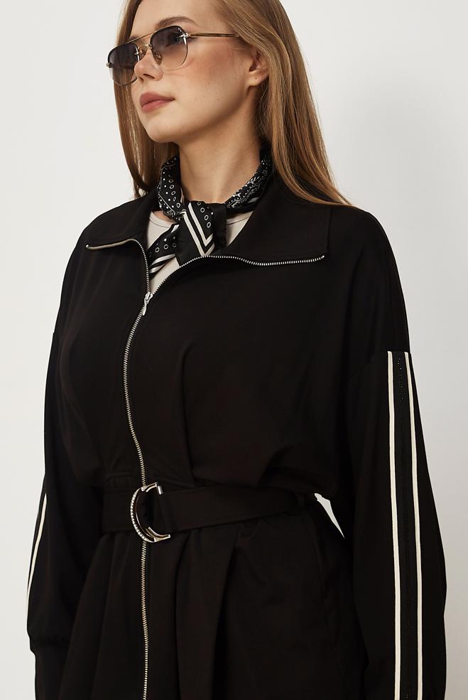 Hijab-Kleidung SCHWARZ TRAININGSANZUG MIT GÜRTEL 46390 - ALVİNA