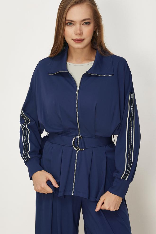 Hijab-Kleidung NAVY BLAU TRAININGSANZUG MIT GÜRTEL 46390 - ALVİNA