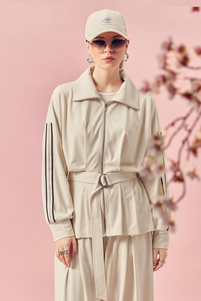 Hijab-Kleidung ECRU TRAININGSANZUG MIT GÜRTEL 46390 - ALVİNA