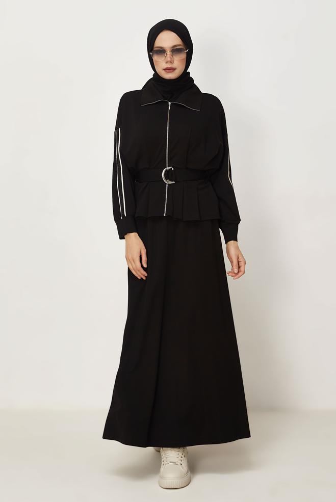 Hijab-Kleidung SCHWARZ TRAININGSANZUG-SET MIT RÖCKEN 46391 - ALVİNA