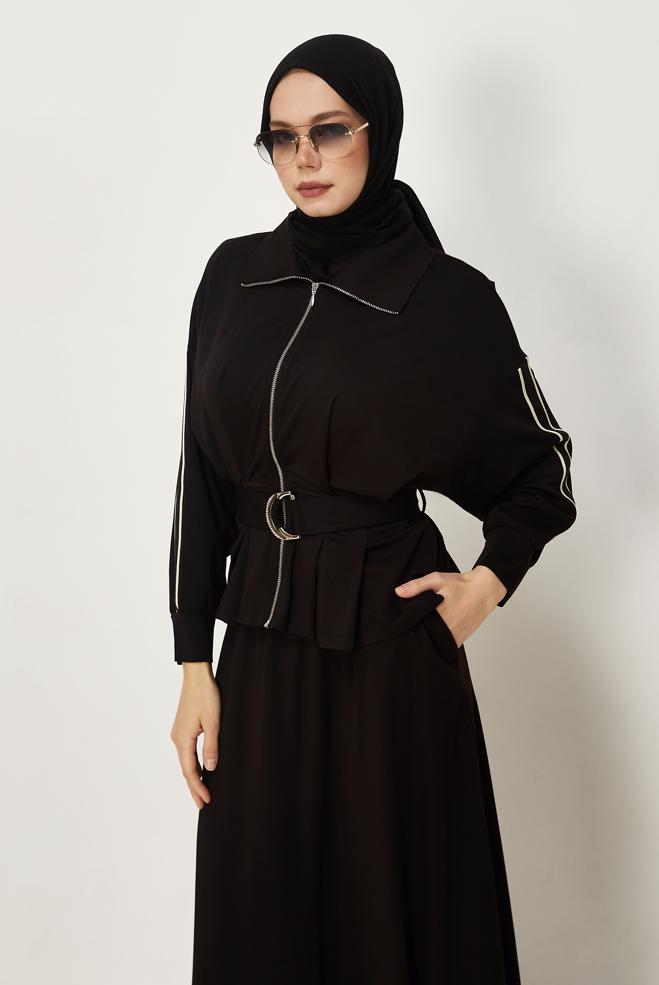 Hijab-Kleidung SCHWARZ TRAININGSANZUG-SET MIT RÖCKEN 46391 - ALVİNA