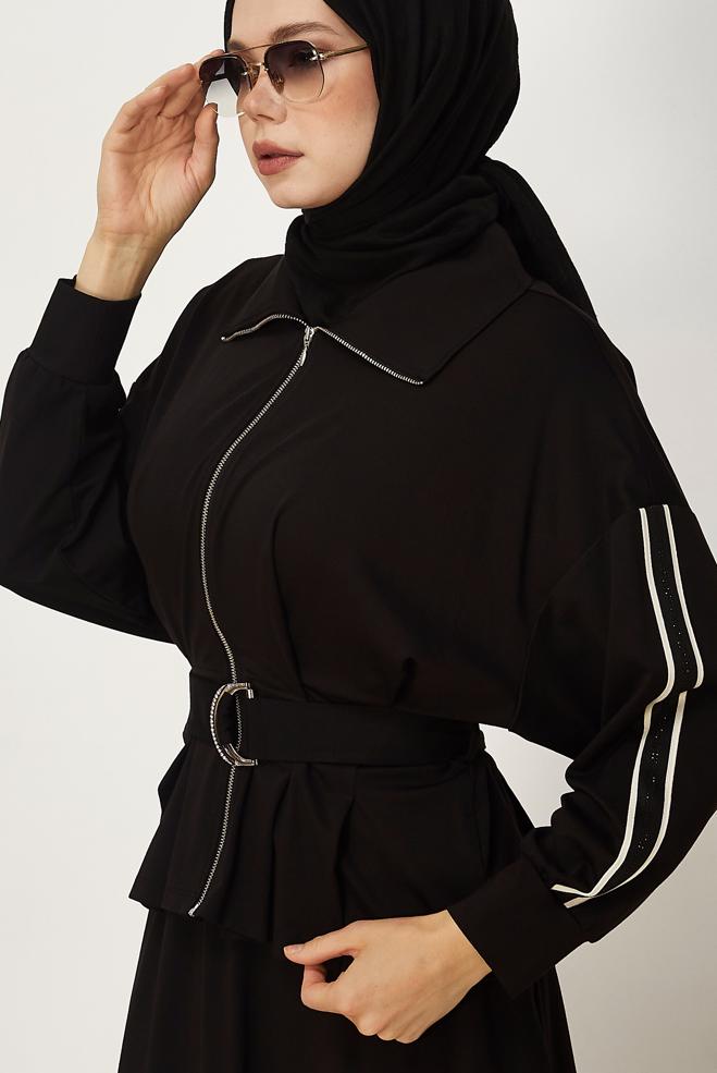 Hijab-Kleidung SCHWARZ TRAININGSANZUG-SET MIT RÖCKEN 46391 - ALVİNA