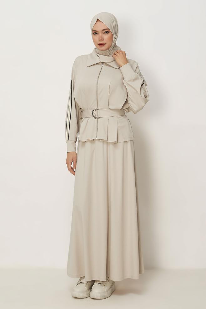 Hijab-Kleidung BEIGE TRAININGSANZUG-SET MIT RÖCKEN 46391 - ALVİNA