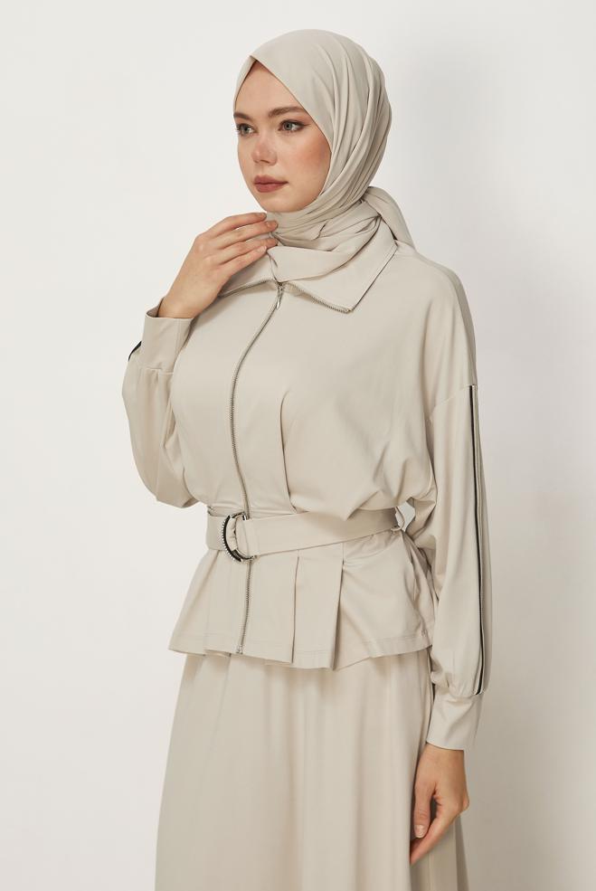 Hijab-Kleidung BEIGE TRAININGSANZUG-SET MIT RÖCKEN 46391 - ALVİNA