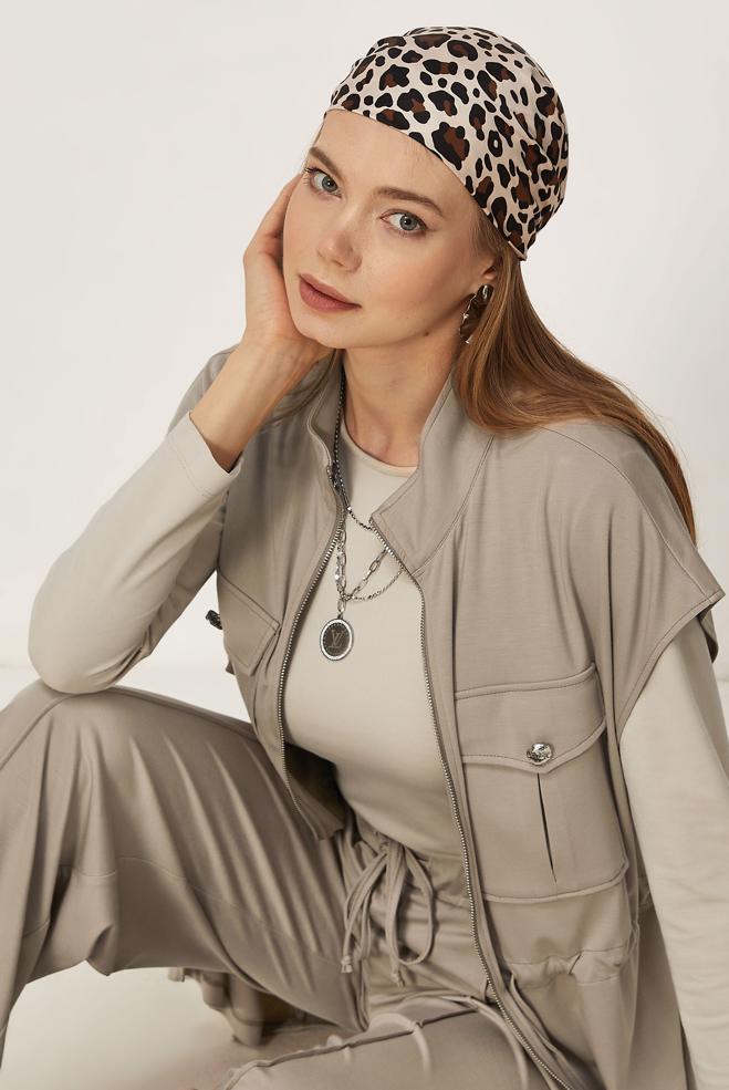 Vêtements hijab BEIGE ENSEMBLE SURVÊTEMENT AVEC GILET 46447 - ALVİNA