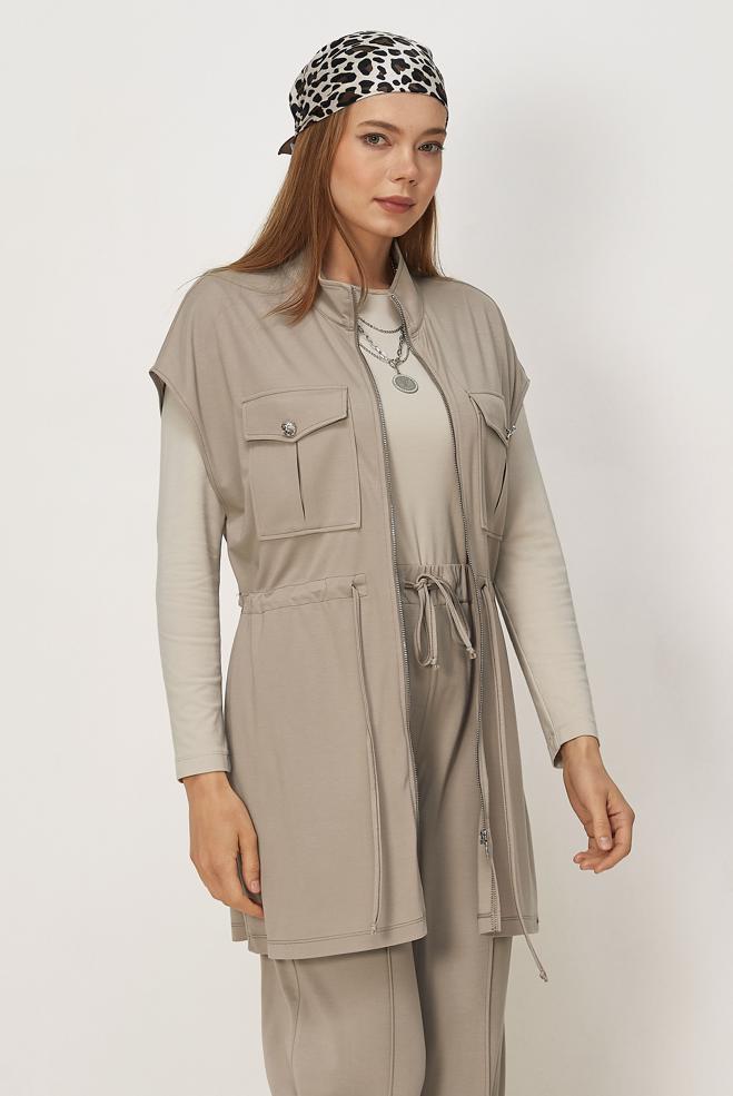 Vêtements hijab BEIGE ENSEMBLE SURVÊTEMENT AVEC GILET 46447 - ALVİNA